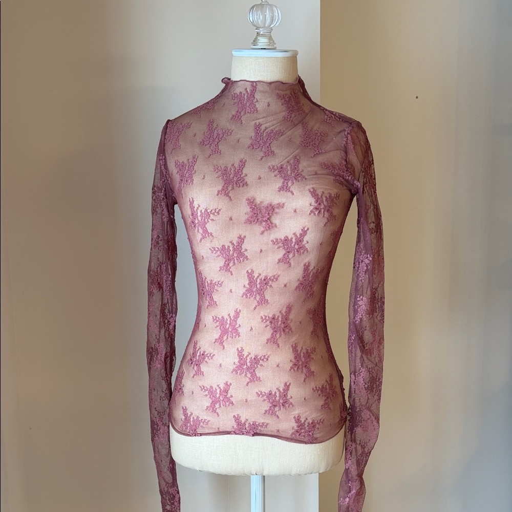 Free People Sheer Lace Long Sleeve Top - Pink